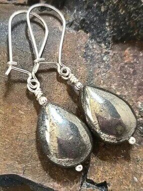 Sterling Silver Pyrite Stone Dangle Earrings, Genuine Gemstone Jewelry, Handmade